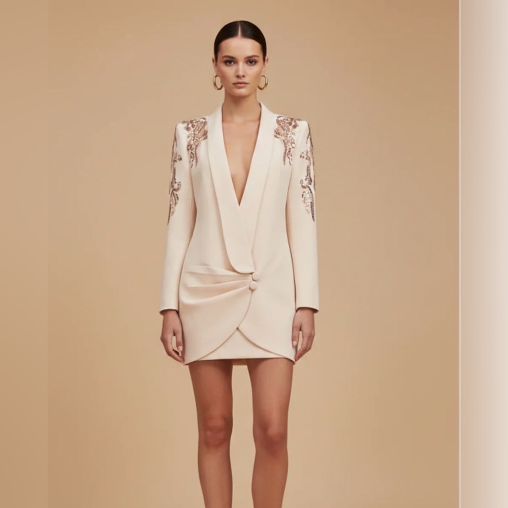 Cream Platlogy Long Sleeve Mini Blazer Dress with Beaded Accents Size Large NWT